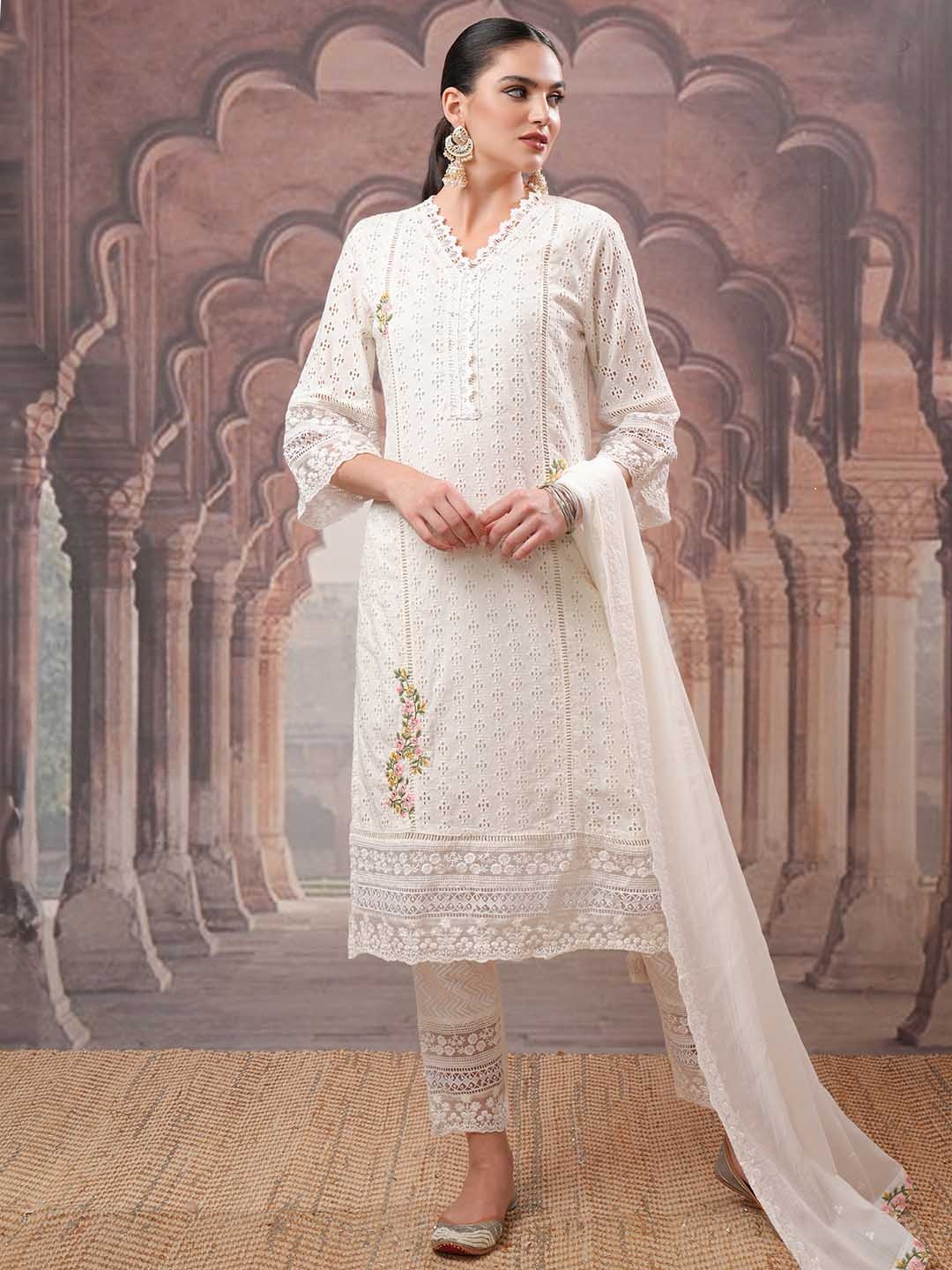 Vishudh Women Floral Embroidered Regular Thread Work Pure Cotton Kurta with Trousers & With Dupatta, White
Vishudh Women Floral Embroidered Regular Thread Work Pure Cotton Kurta with Trousers & With Dupatta, White