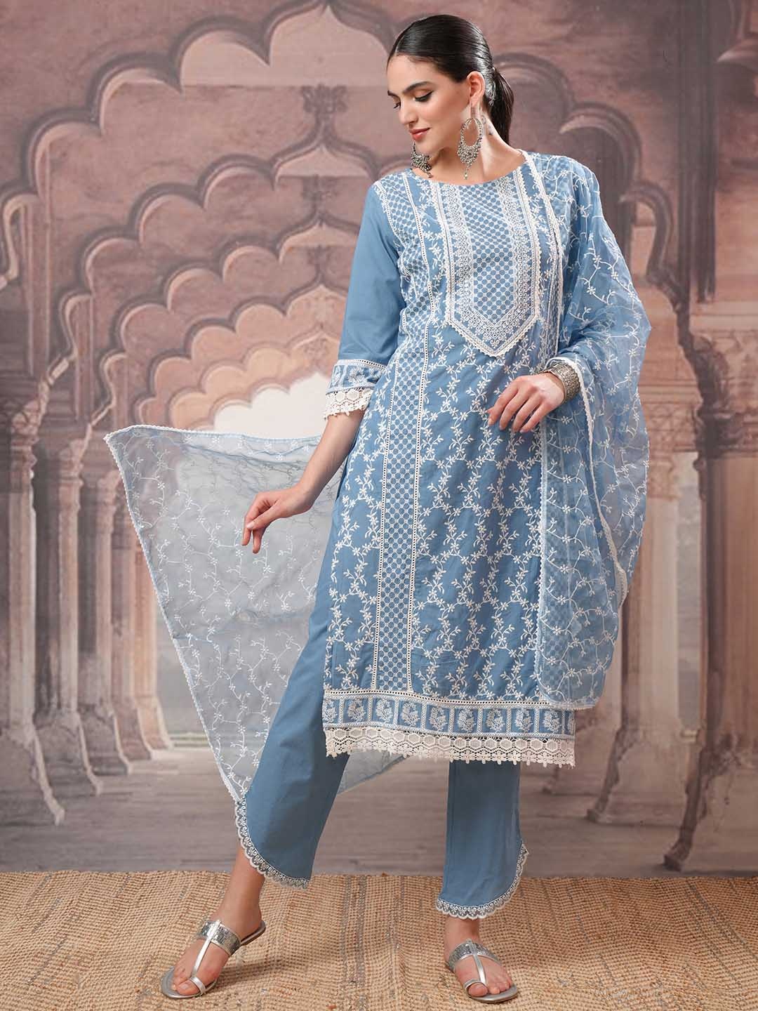 Vishudh Women Floral Embroidered Regular Thread Work Pure Cotton Kurta with Trousers & With Dupatta, Blue
Vishudh Women Floral Embroidered Regular Thread Work Pure Cotton Kurta with Trousers & With Dupatta, Blue