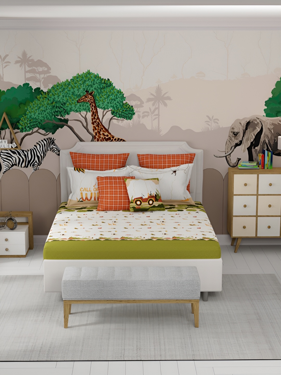MYTRIDENT Wildlife Safari Juniors Flat 144TC Queen Cotton 1 Bedsheet with 2 Pillow Covers, Green
MYTRIDENT Wildlife Safari Juniors Flat 144TC Queen Cotton 1 Bedsheet with 2 Pillow Covers, Green