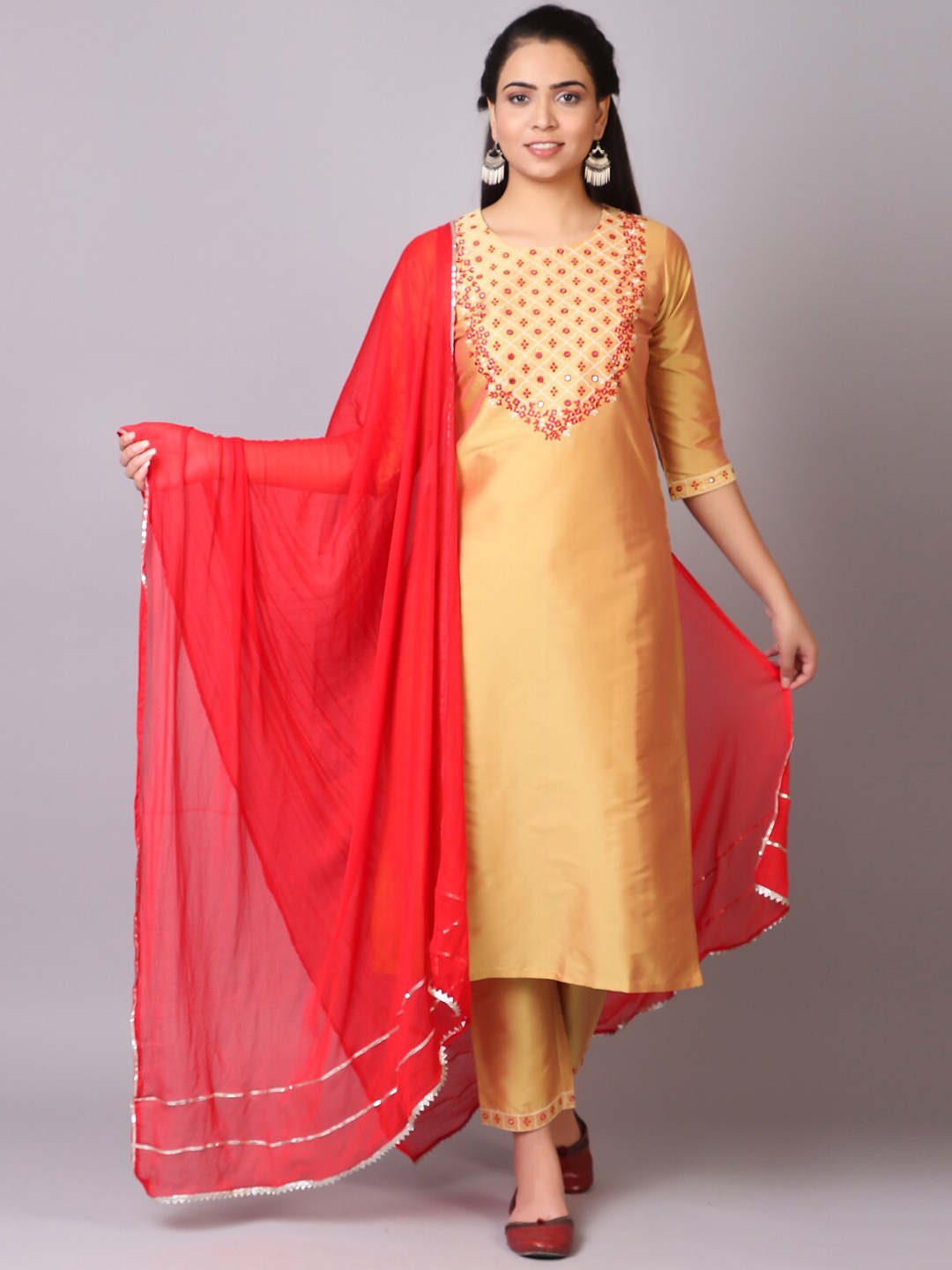 KALINI Ethnic Motifs Embroidered Mirror Work Kurta With Trousers & Dupatta, Yellow
KALINI Ethnic Motifs Embroidered Mirror Work Kurta With Trousers & Dupatta, Yellow