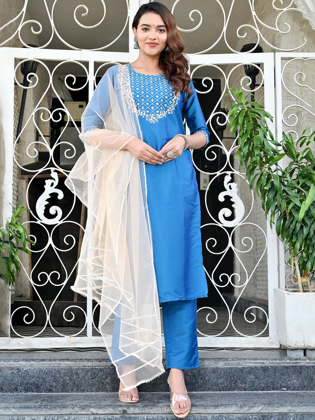 KALINI Floral Embroidered Regular Mirror Work Kurta With Trousers & Dupatta, Blue
KALINI Floral Embroidered Regular Mirror Work Kurta With Trousers & Dupatta, Blue