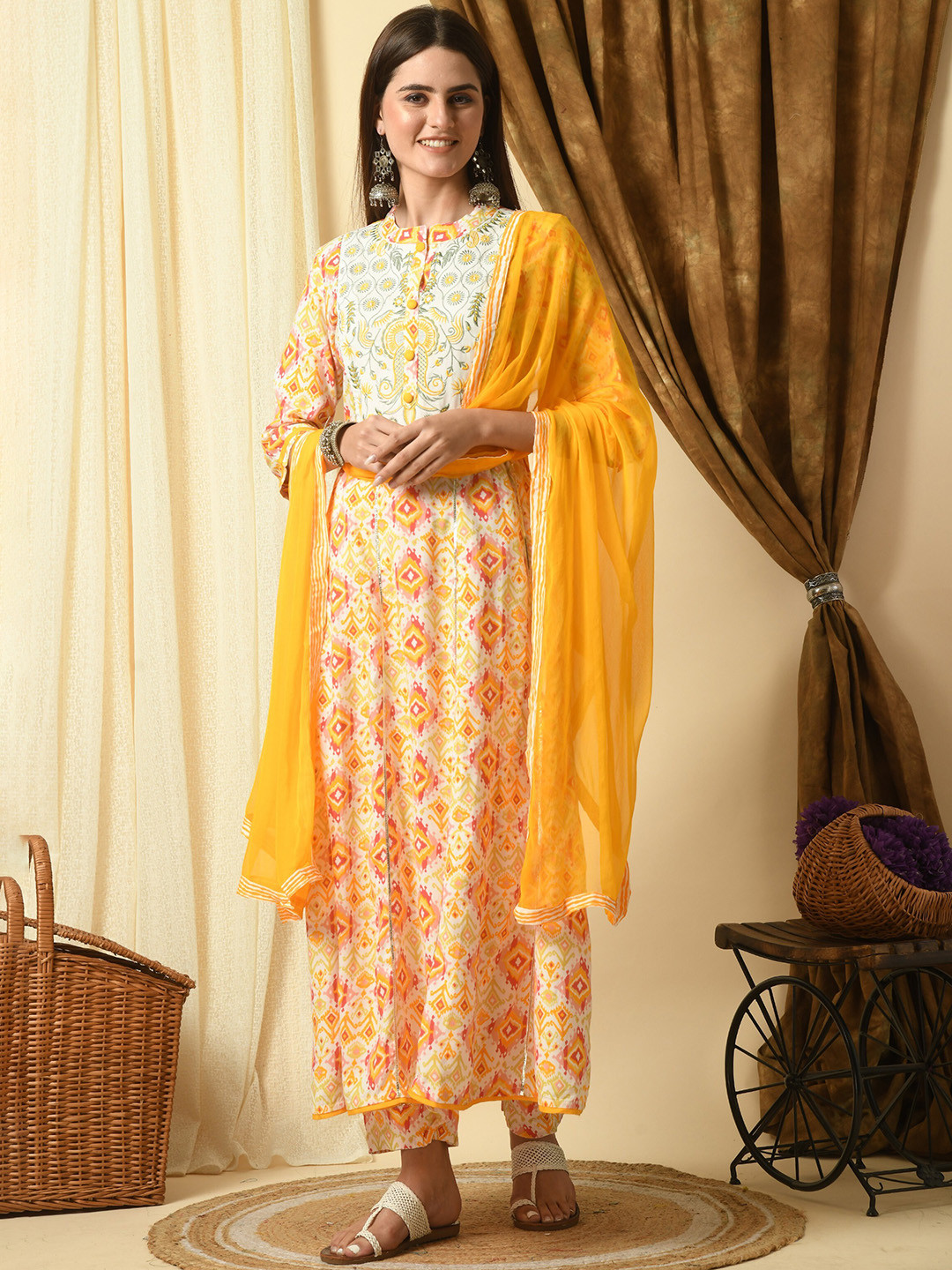KALINI Women Ethnic Motifs Printed Thread Work Pure Cotton Kurta Set With Dupatta, Yellow 
KALINI Women Ethnic Motifs Printed Thread Work Pure Cotton Kurta Set With Dupatta, Yellow