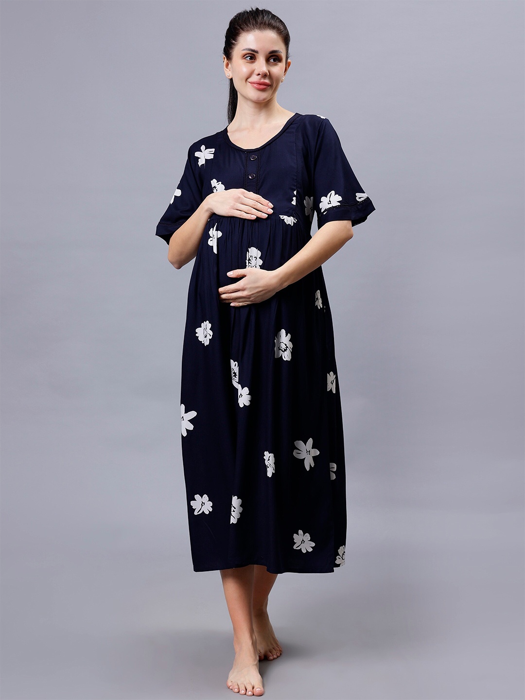 NIGHTSPREE Floral Print Round Neck Flared Sleeves Maternity Fit & Flare Midi Dress, Navy blue
NIGHTSPREE Floral Print Round Neck Flared Sleeves Maternity Fit & Flare Midi Dress, Navy blue