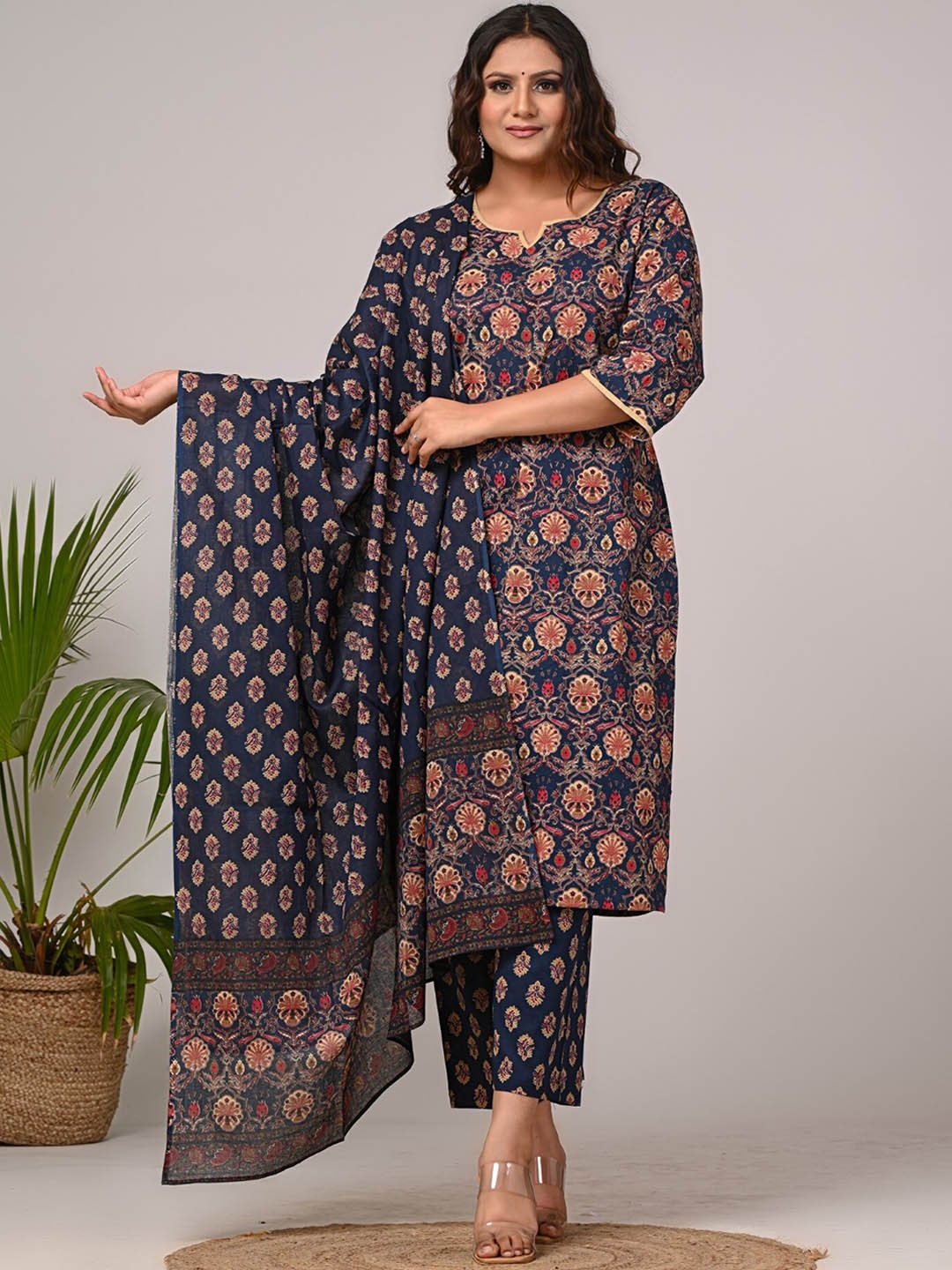 KALINI Women Floral Printed Regular Sequinned Pure Cotton Kurta with Trousers & With Dupatta, Navy blue
KALINI Women Floral Printed Regular Sequinned Pure Cotton Kurta with Trousers & With Dupatta, Navy blue