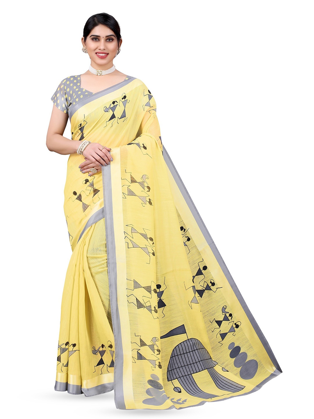 KALINI Warli Saree With Blouse Piece, Yellow