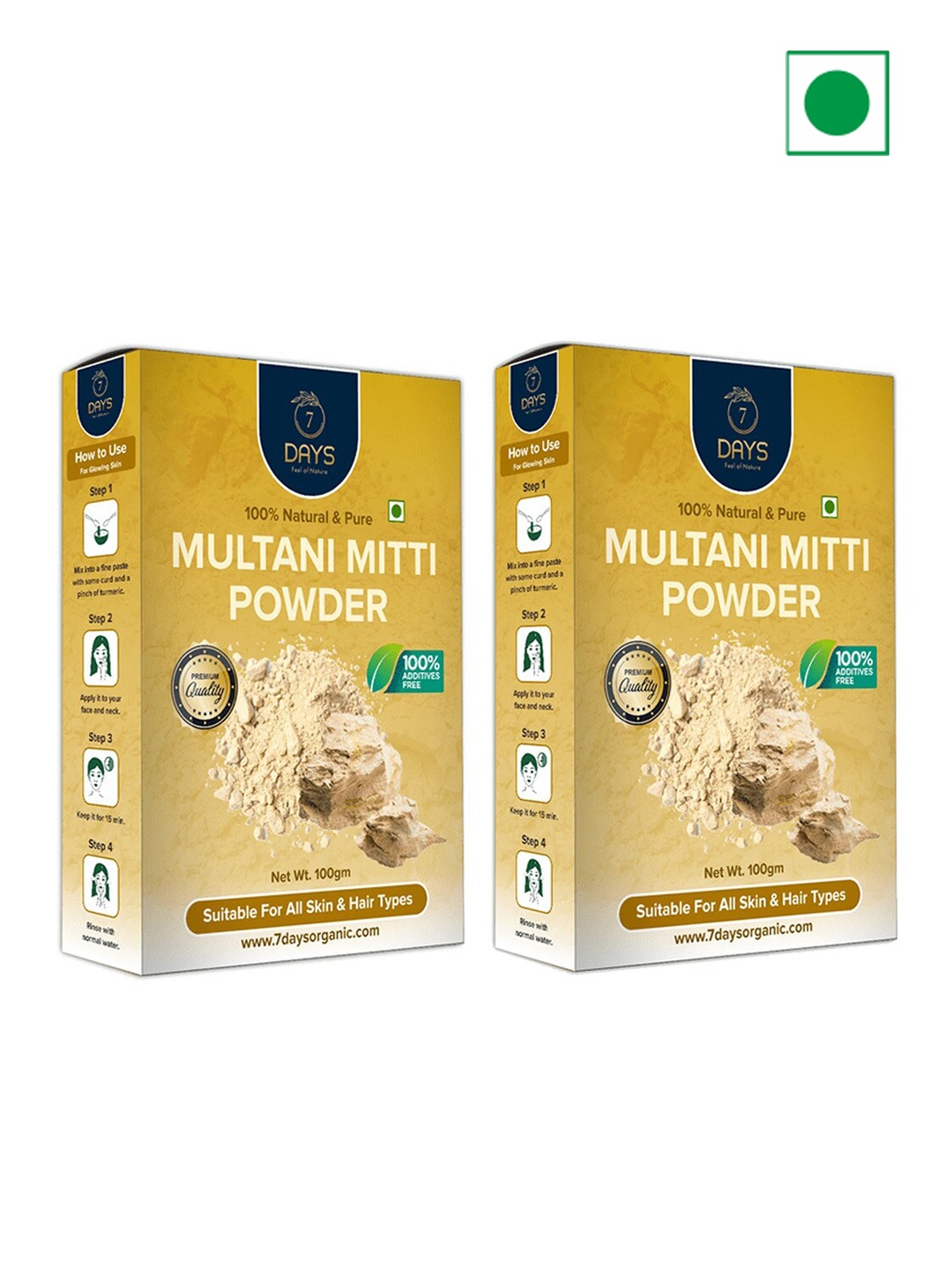 7 DAYS Set of 2 Pure & Natural Multani Mitti Powder for Face & Hair - 100 g each, Yellow
7 DAYS Set of 2 Pure & Natural Multani Mitti Powder for Face & Hair - 100 g each, Yellow