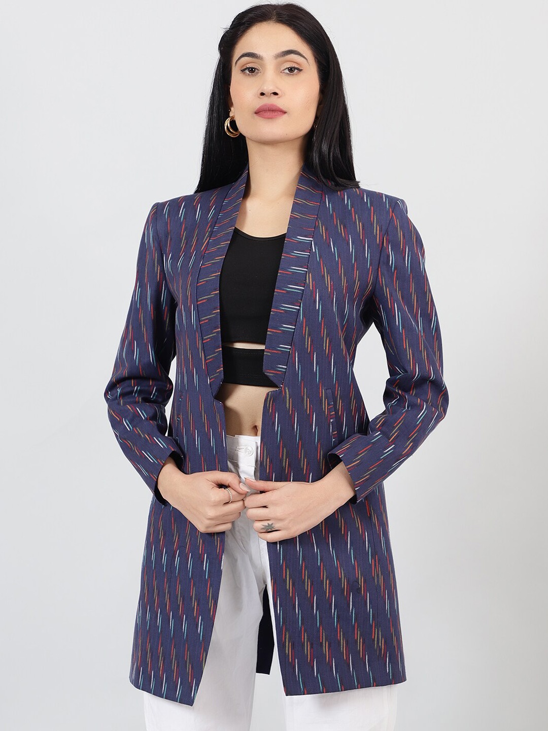 INDOPHILIA Printed Shawl Collar Long Sleeves Open Front Longline Cotton Blazer, Blue
INDOPHILIA Printed Shawl Collar Long Sleeves Open Front Longline Cotton Blazer, Blue