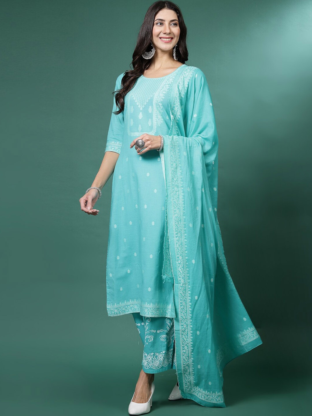 Sangria Ethnic Motifs Woven Design Pure Cotton Round Neck Kurta With Trousers & Dupatta, Sea green
Sangria Ethnic Motifs Woven Design Pure Cotton Round Neck Kurta With Trousers & Dupatta, Sea green