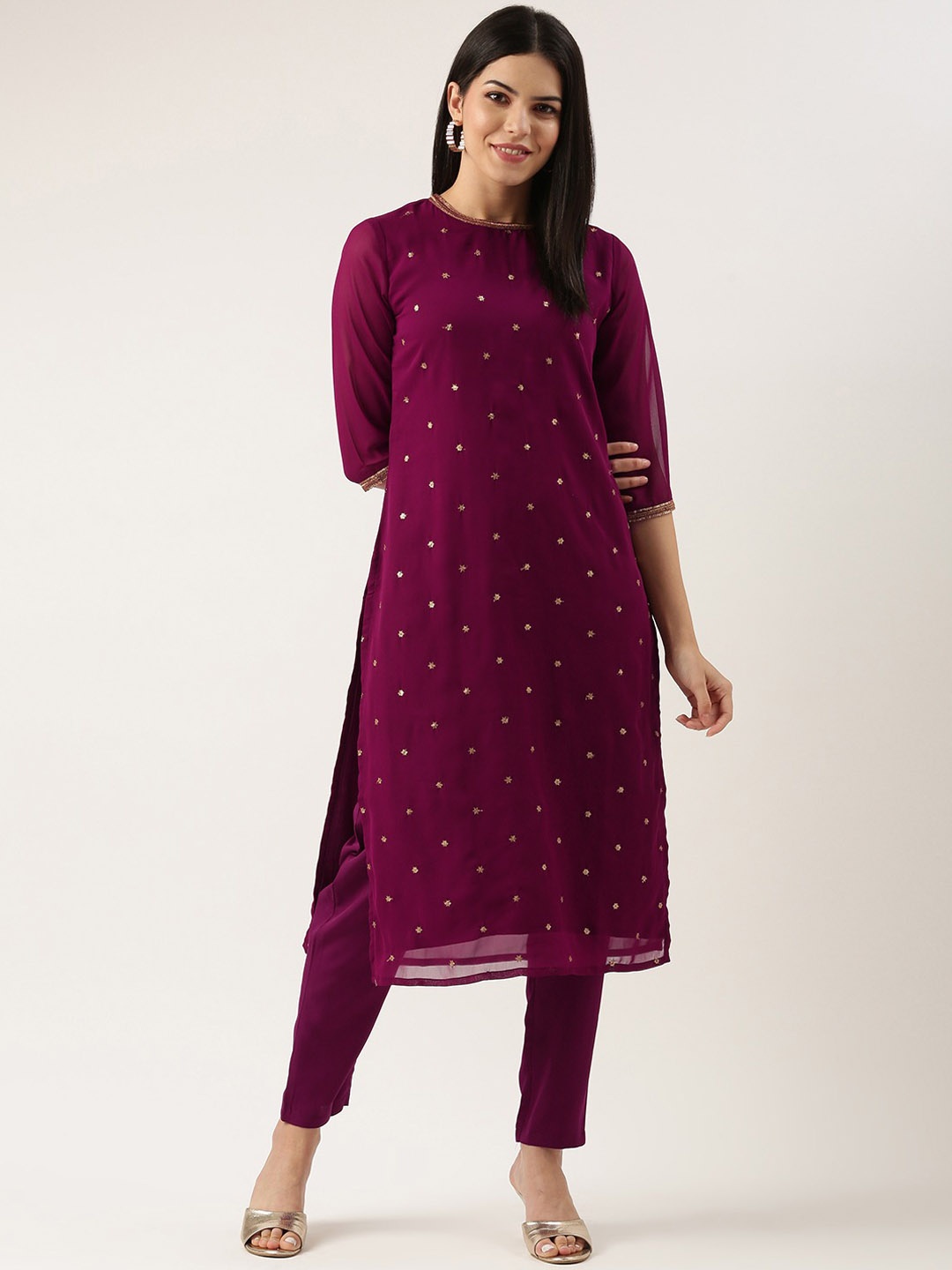 KALINI Floral Embroidered Round Neck Straight Thread Work Kurta with Trousers, Purple
KALINI Floral Embroidered Round Neck Straight Thread Work Kurta with Trousers, Purple