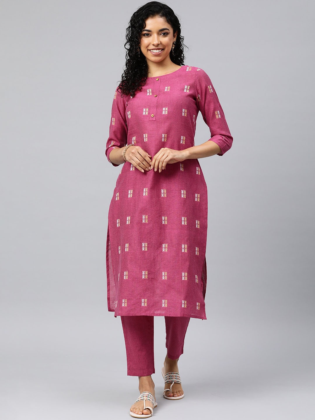 KALINI Geometric Woven design Thread Work Round Neck Straight Kurta With Trouser, Magenta
KALINI Geometric Woven design Thread Work Round Neck Straight Kurta With Trouser, Magenta
