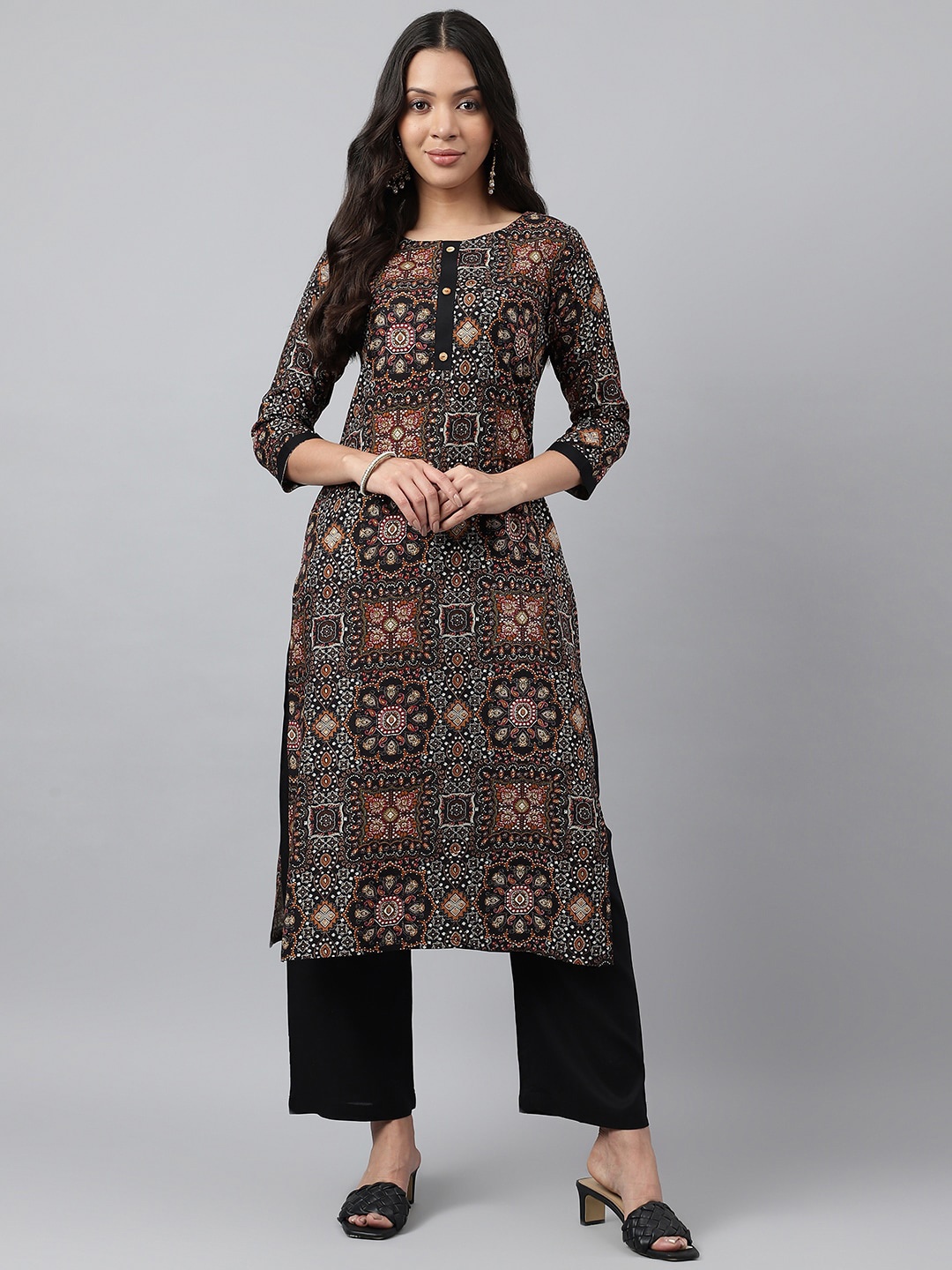 KALINI Ethnic Motifs Printed Round Neck Thread Work Straight Kurta with Trousers, Black
KALINI Ethnic Motifs Printed Round Neck Thread Work Straight Kurta with Trousers, Black