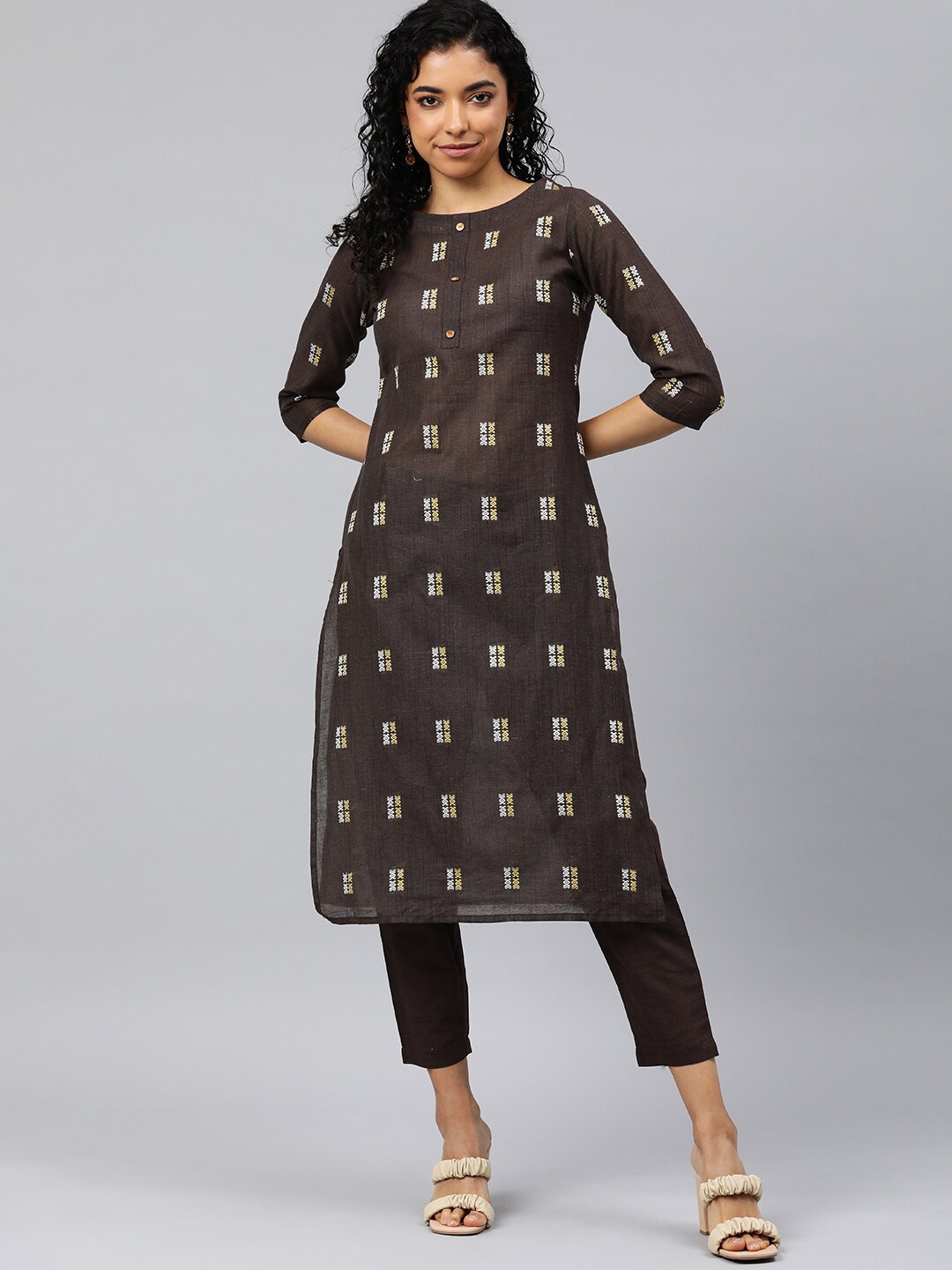 KALINI Round Neck Thread Work Self-design Printed Straight Kurta with Trousers, Brown
KALINI Round Neck Thread Work Self-design Printed Straight Kurta with Trousers, Brown