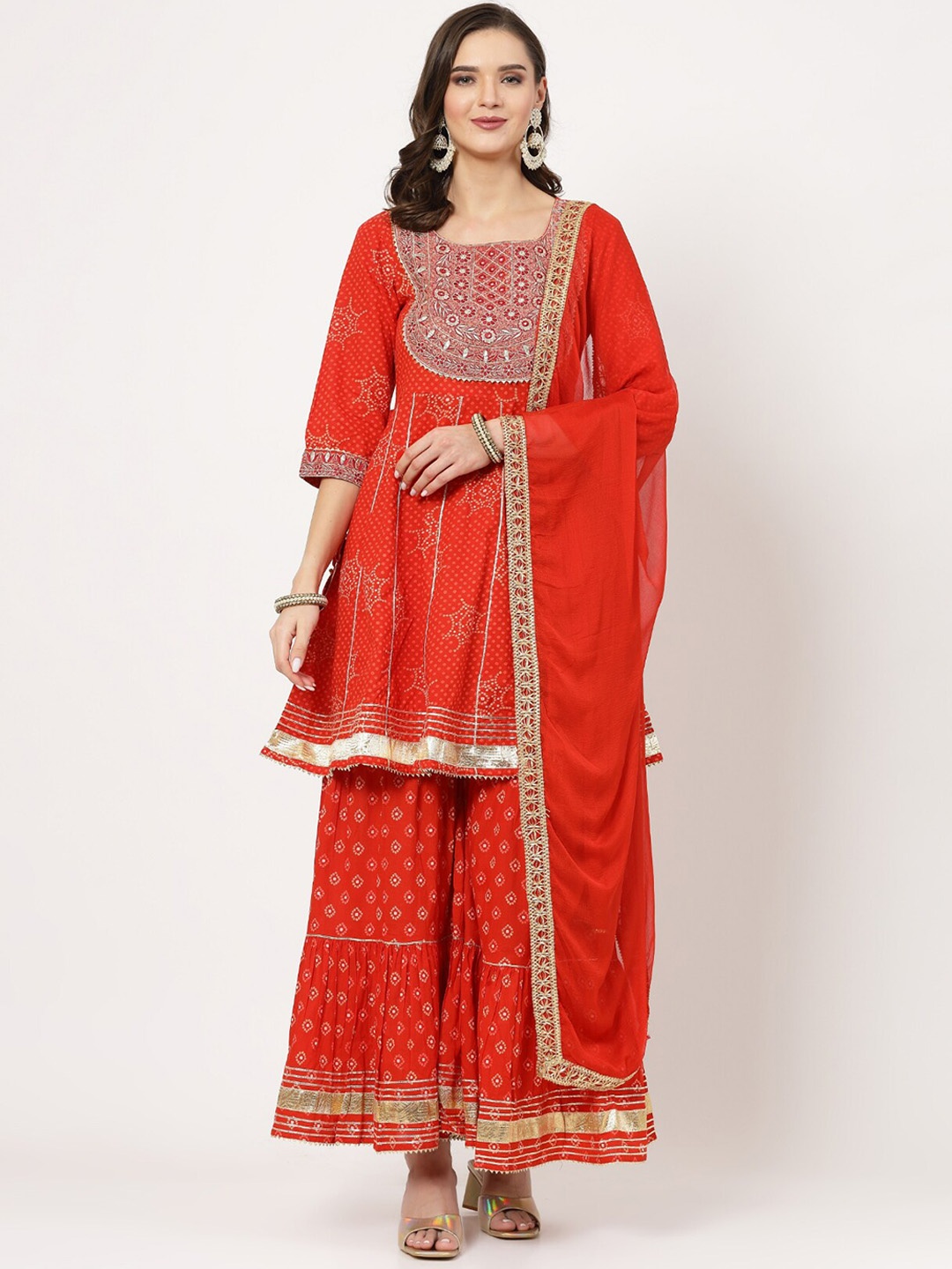 SWAS Bandhani Printed Regular Mirror Work Anarkali Kurta with Sharara & Dupatta, Red
SWAS Bandhani Printed Regular Mirror Work Anarkali Kurta with Sharara & Dupatta, Red