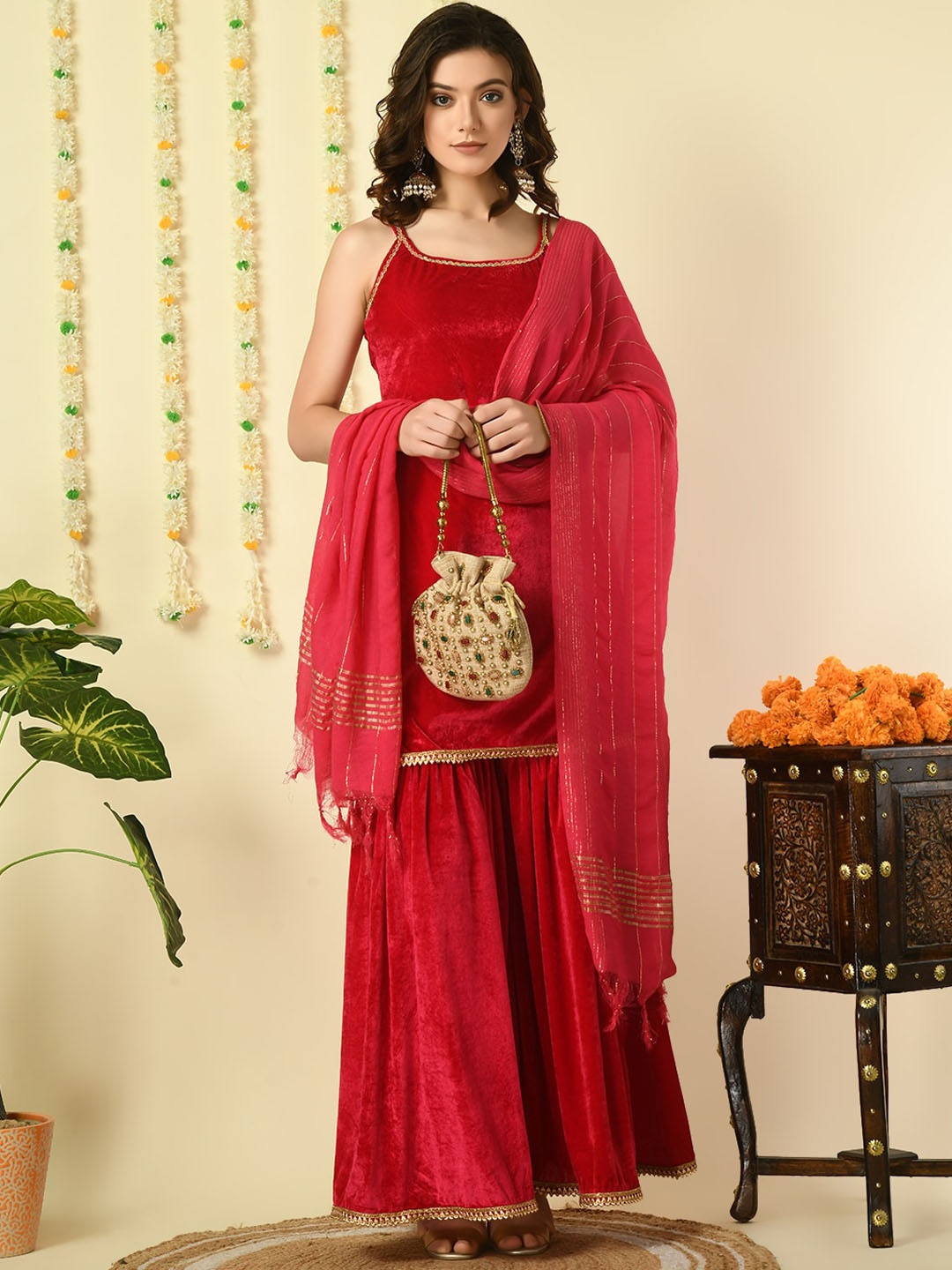 KALINI Shoulder Straps Sleeveless Gotta Patti Velvet Kurti with Sharara & Dupatta, Pink
KALINI Shoulder Straps Sleeveless Gotta Patti Velvet Kurti with Sharara & Dupatta, Pink