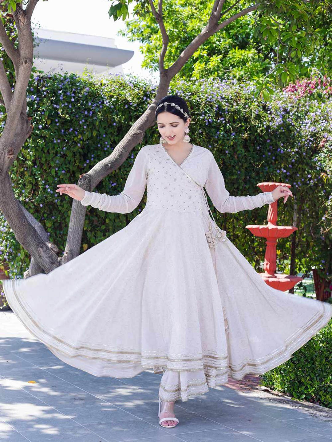 Chandbaali Embroidered Angrakha Georgette Anarkali Kurta With Churidar & Dupatta, Cream
Chandbaali Embroidered Angrakha Georgette Anarkali Kurta With Churidar & Dupatta, Cream