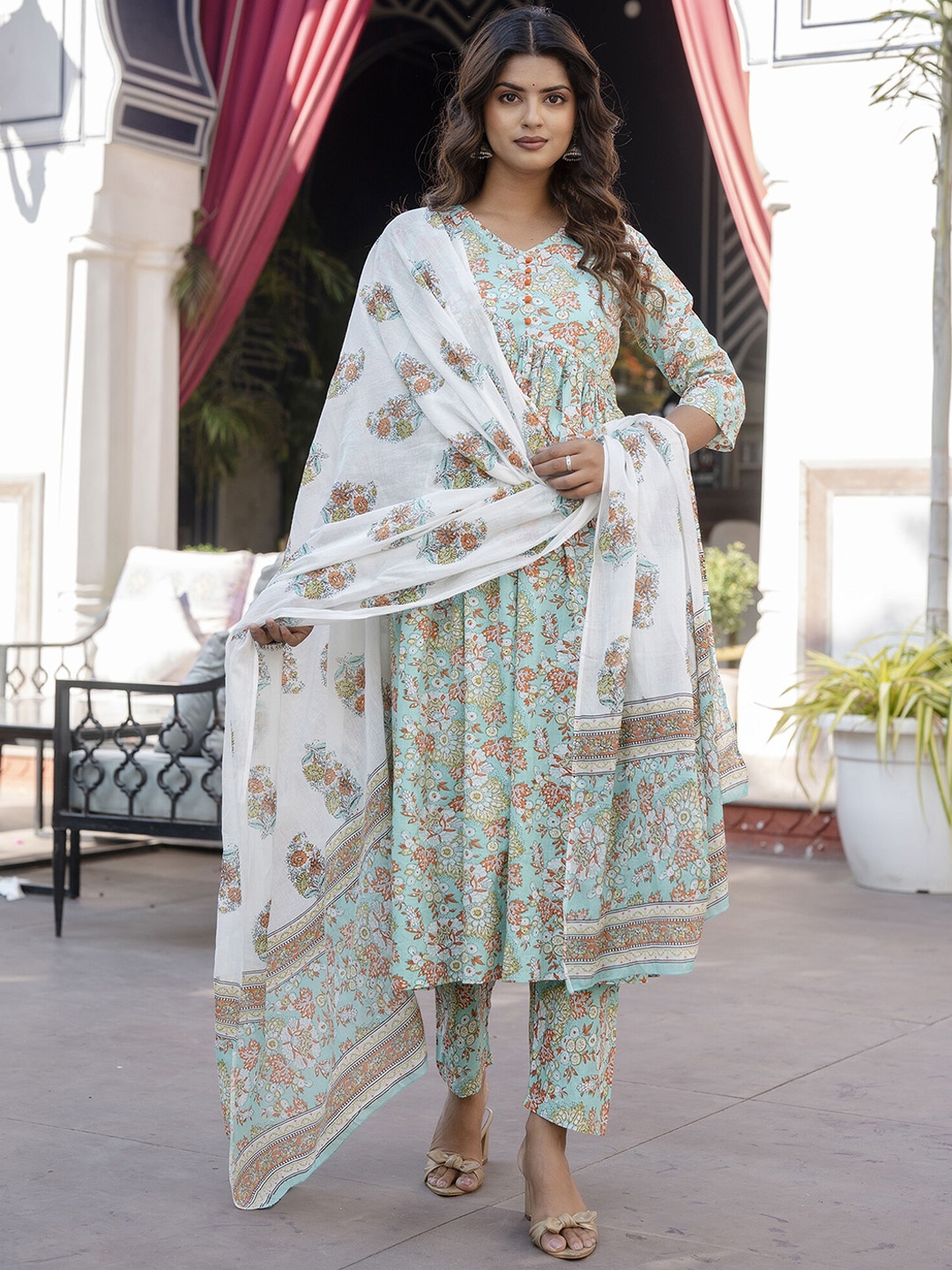 Nayo Floral Printed V-Neck Gotta Patti Anarkali Pure Cotton Kurta with Trousers & Dupatta, Green
Nayo Floral Printed V-Neck Gotta Patti Anarkali Pure Cotton Kurta with Trousers & Dupatta, Green