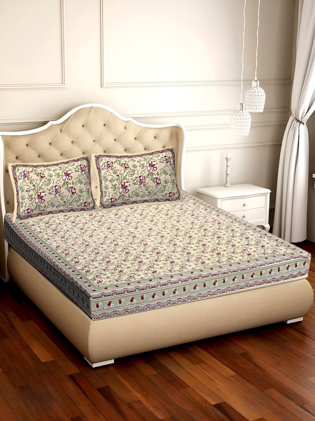 VANI E Cream-Coloured & Green Floral 180 TC Cotton King Bedsheet with 2 Pillow Covers
VANI E Cream-Coloured & Green Floral 180 TC Cotton King Bedsheet with 2 Pillow Covers