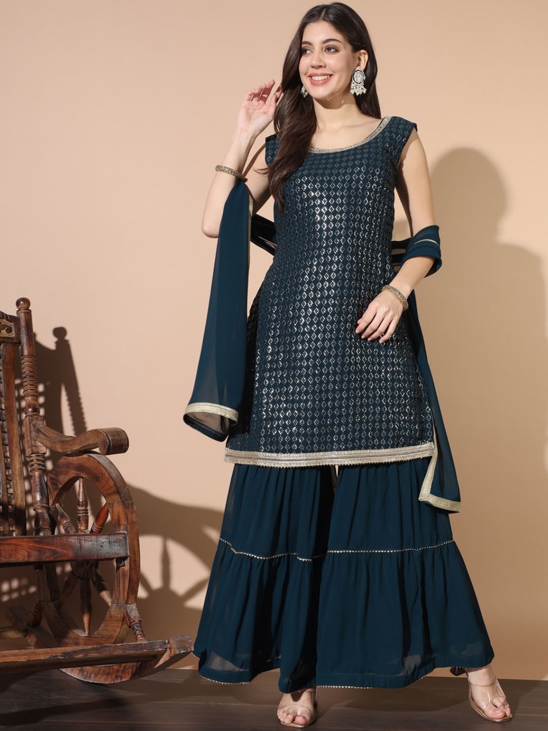 Chhabra 555 Ethnic Motifs Embroidered Embroidered Kurta Shararas & Dupatta Sets, Blue
Chhabra 555 Ethnic Motifs Embroidered Embroidered Kurta Shararas & Dupatta Sets, Blue