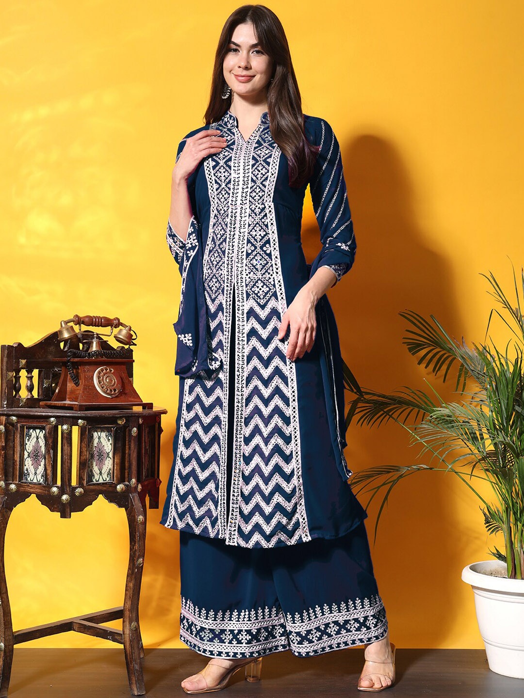 Chhabra 555 Chevron Embroidered Mandarin Collar Three-Quarter Sleeves Kurta Set, Navy blue
Chhabra 555 Chevron Embroidered Mandarin Collar Three-Quarter Sleeves Kurta Set, Navy blue