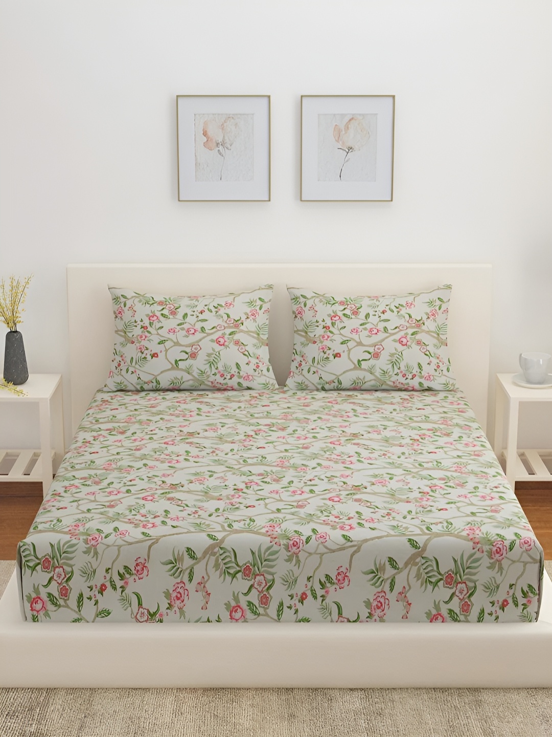 Athome by Nilkamal Green & Pink Floral 300 TC Cotton King Bedsheet With 2 Pillow Covers
Athome by Nilkamal Green & Pink Floral 300 TC Cotton King Bedsheet With 2 Pillow Covers