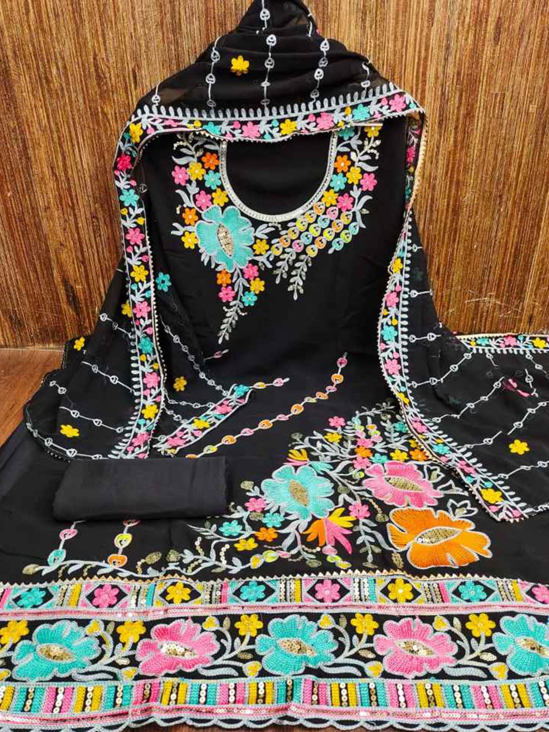 faxofab Floral Embroidered Sequinned Silk Georgette Unstitched Dress Material, Black
faxofab Floral Embroidered Sequinned Silk Georgette Unstitched Dress Material, Black