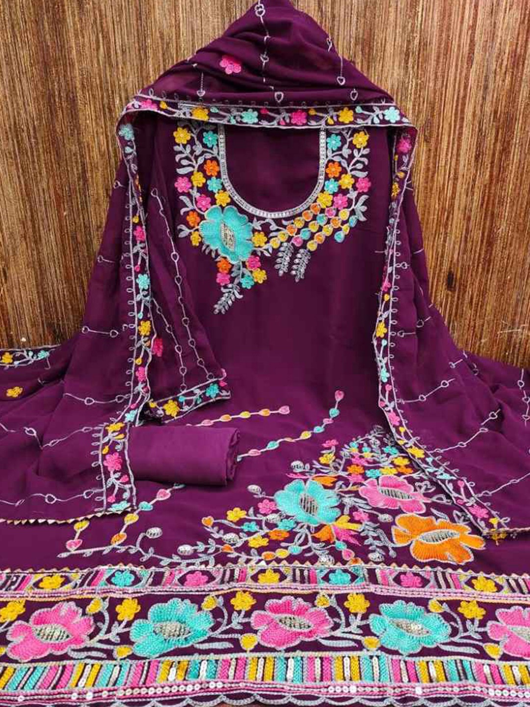 faxofab Embroidered Unstitched Dress Material, Purple