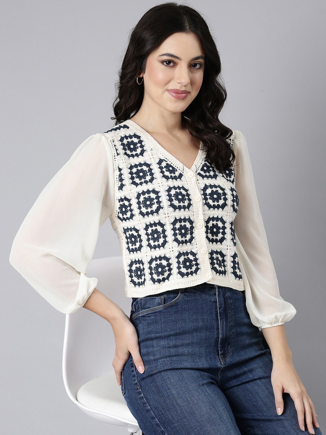 SHOWOFF Geometric Self Design V-Neck Puff Sleeves Acrylic Crochet Crop Top, Off white
SHOWOFF Geometric Self Design V-Neck Puff Sleeves Acrylic Crochet Crop Top, Off white