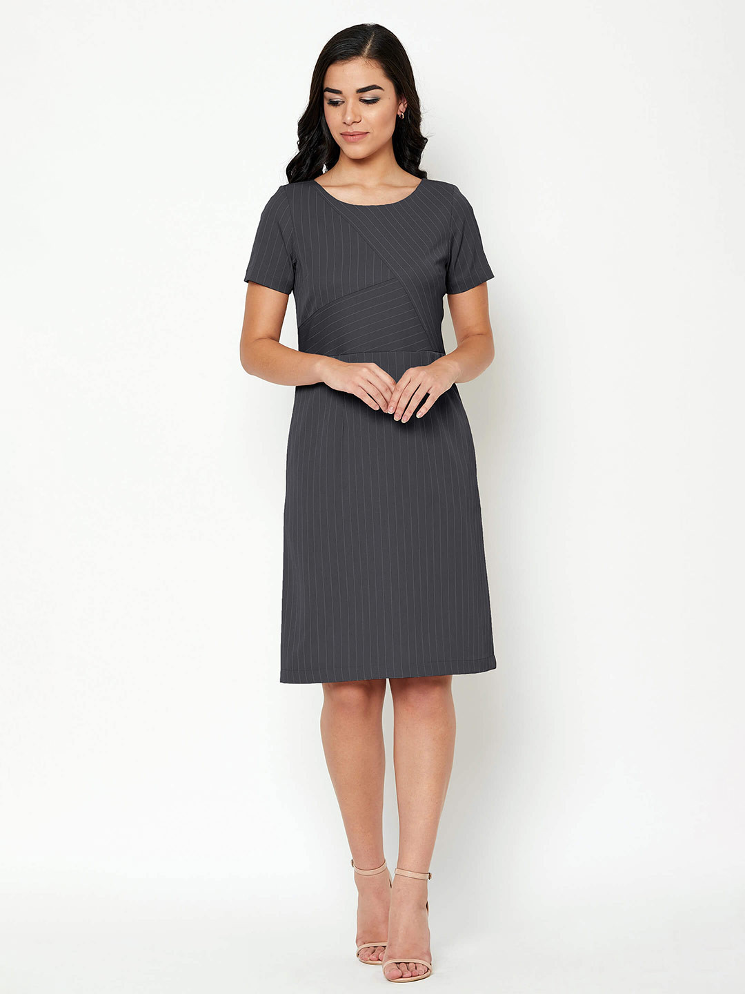 SALT ATTIRE Striped Cotton & Lycra Sheath Dress, Grey 
SALT ATTIRE Striped Cotton & Lycra Sheath Dress, Grey