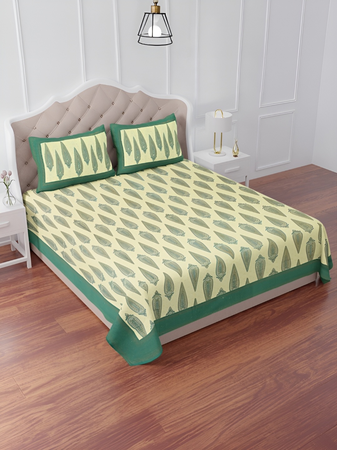 The Craft Monk Green & Gold-Toned Floral Cotton 240 TC King Bedsheet & 2 Pillow Covers
The Craft Monk Green & Gold-Toned Floral Cotton 240 TC King Bedsheet & 2 Pillow Covers