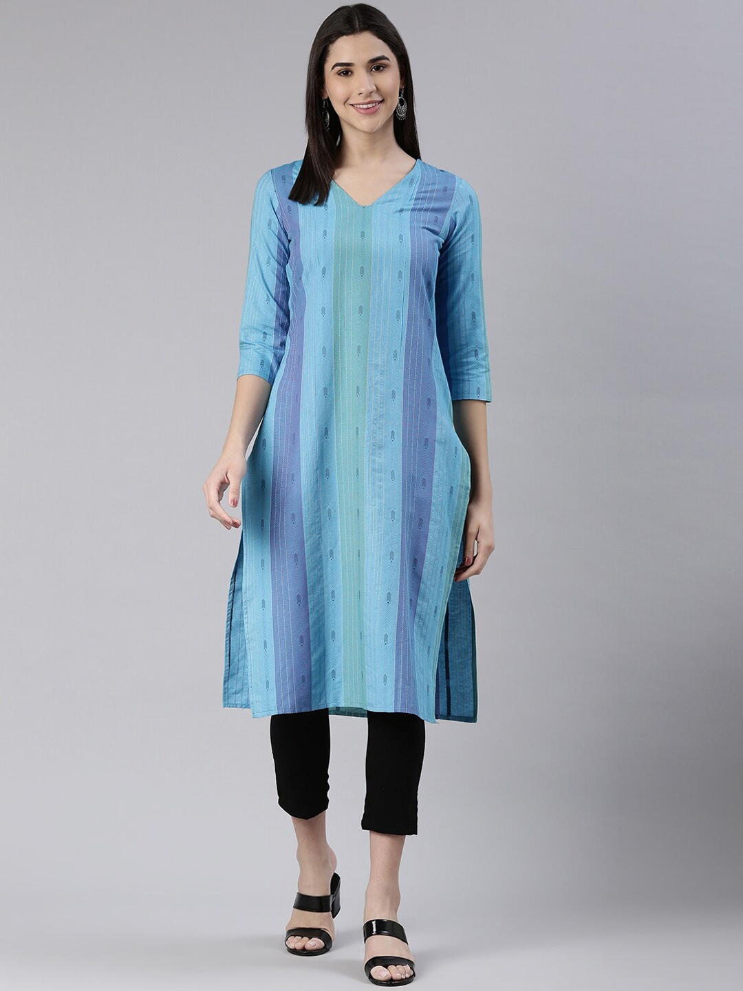 Shaily Women Striped Keyhole Neck Mirror Work Kurta, Blue