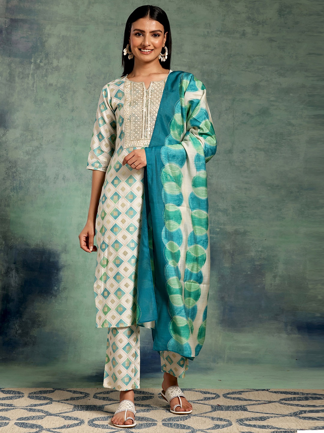 Libas White Ethnic Motifs Printed Sequinned Straight Kurta With Palazzos & Dupatta, Off white
Libas White Ethnic Motifs Printed Sequinned Straight Kurta With Palazzos & Dupatta, Off white