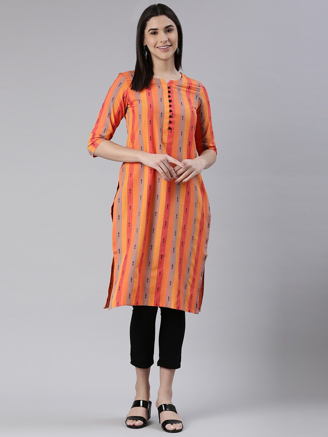 Saanjh Women Printed Mirror Work Kurta, Orange
