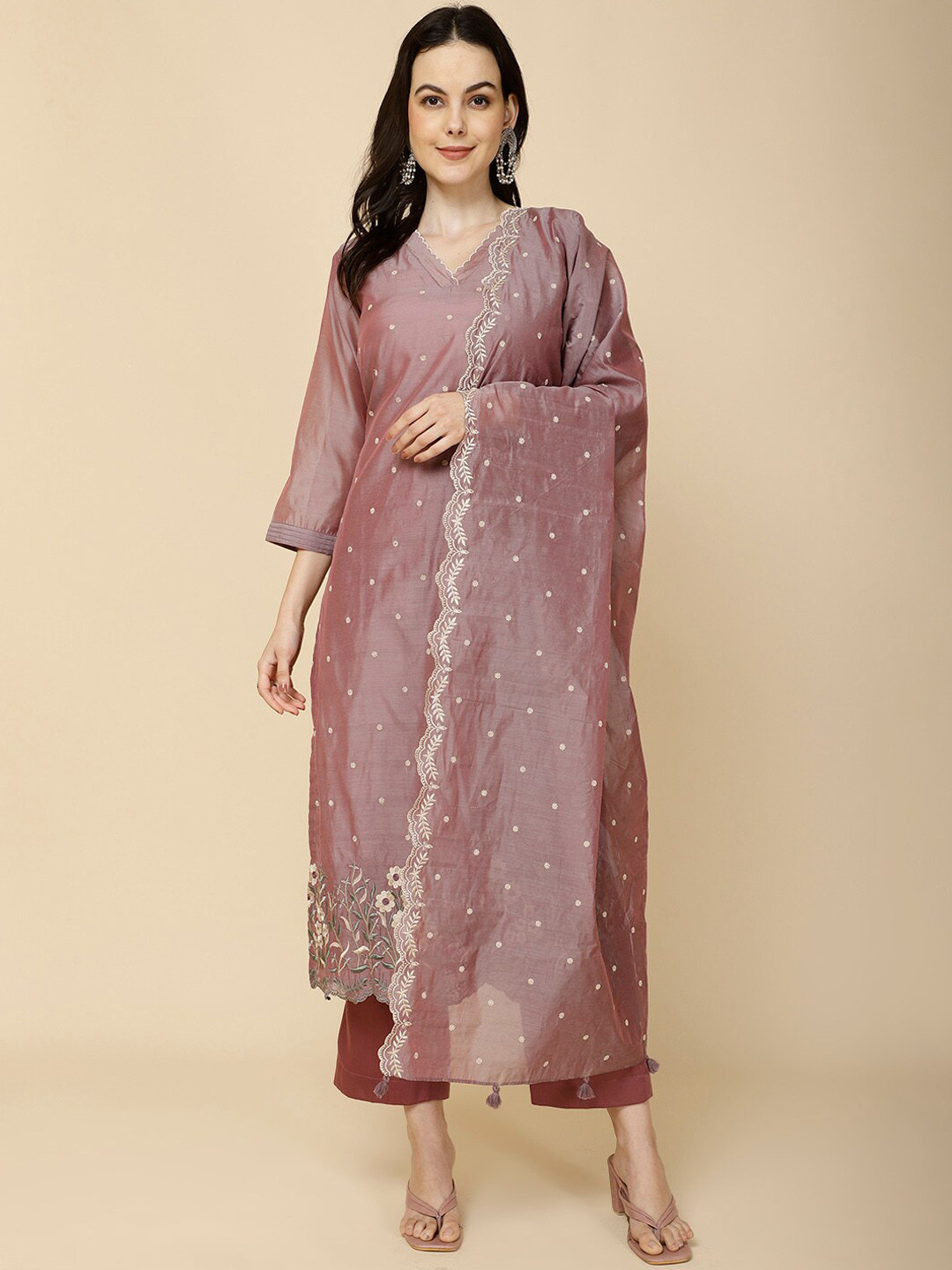 Meena Bazaar Floral Embroidered Kurta & Trousers With Dupatta, Mauve 
Meena Bazaar Floral Embroidered Kurta & Trousers With Dupatta, Mauve