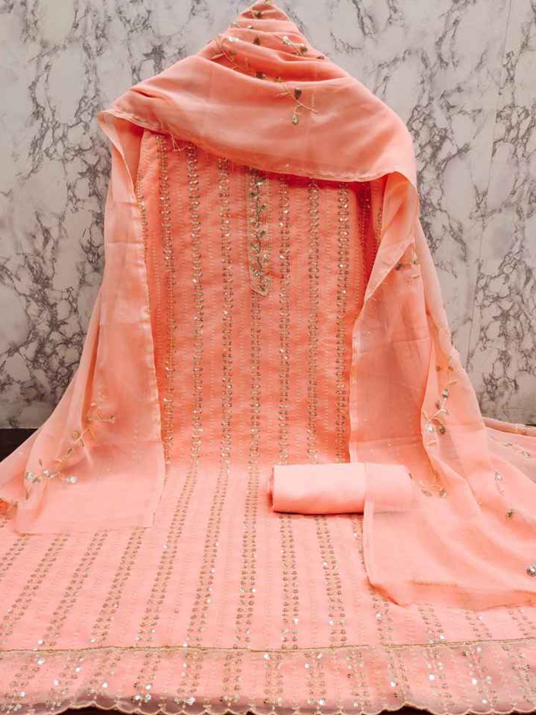 faxofab Ethnic Motifs Embroidered Sequinned Unstitched Dress Material, Peach