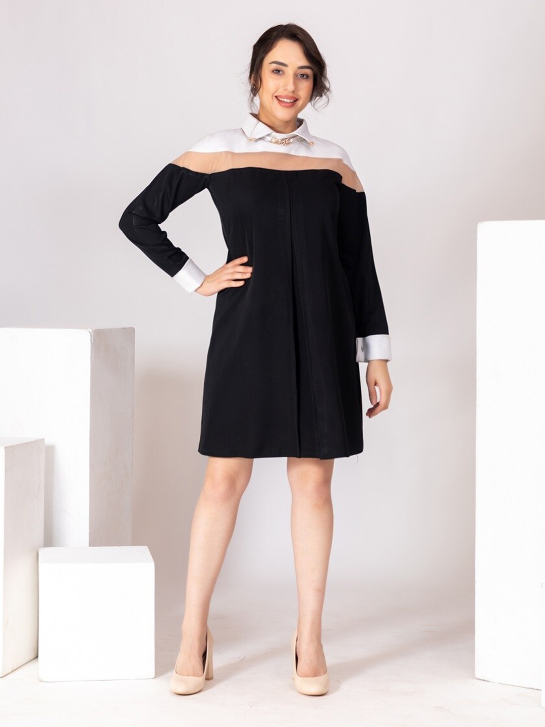 BAESD Shirt Collar A-Line Dress, Black