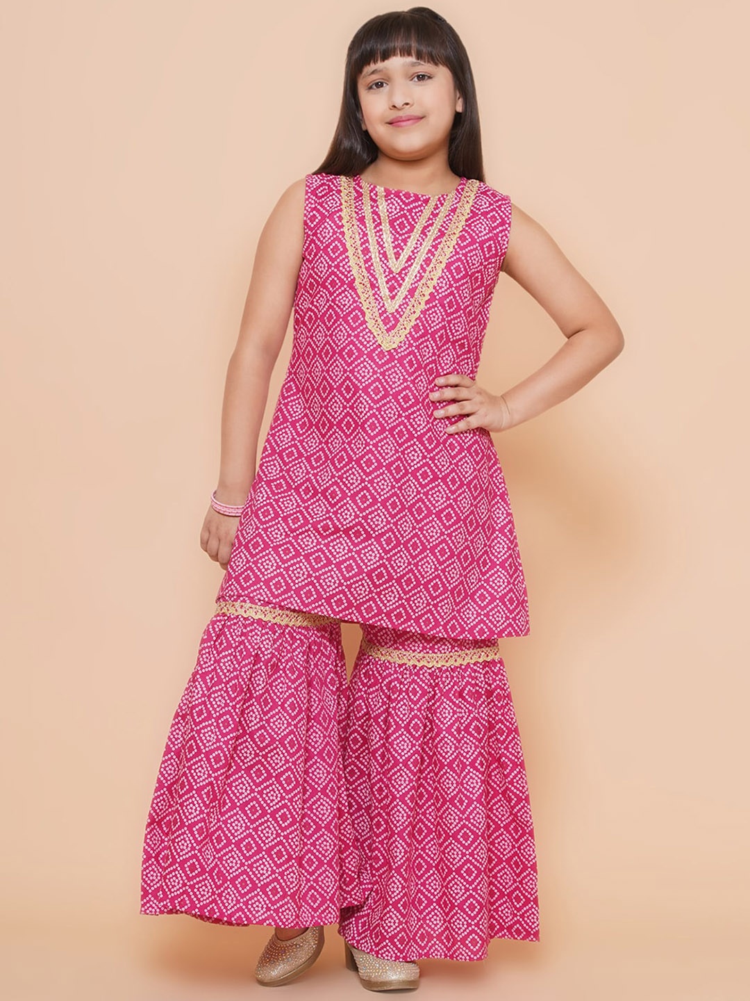 Modish Couture Girls Bandhani Printed Gotta Patti Pure Cotton Kurta With Sharara, Pink
Modish Couture Girls Bandhani Printed Gotta Patti Pure Cotton Kurta With Sharara, Pink