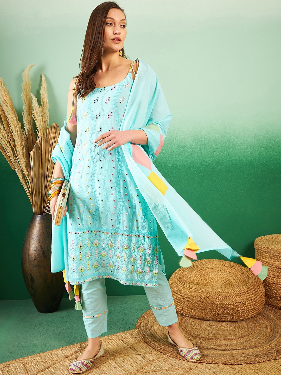 Sangria Embroidered Shoulder Straps Mirror Work Pure Cotton Kurta With Trouser & Dupatta, Turquoise blue
Sangria Embroidered Shoulder Straps Mirror Work Pure Cotton Kurta With Trouser & Dupatta, Turquoise blue