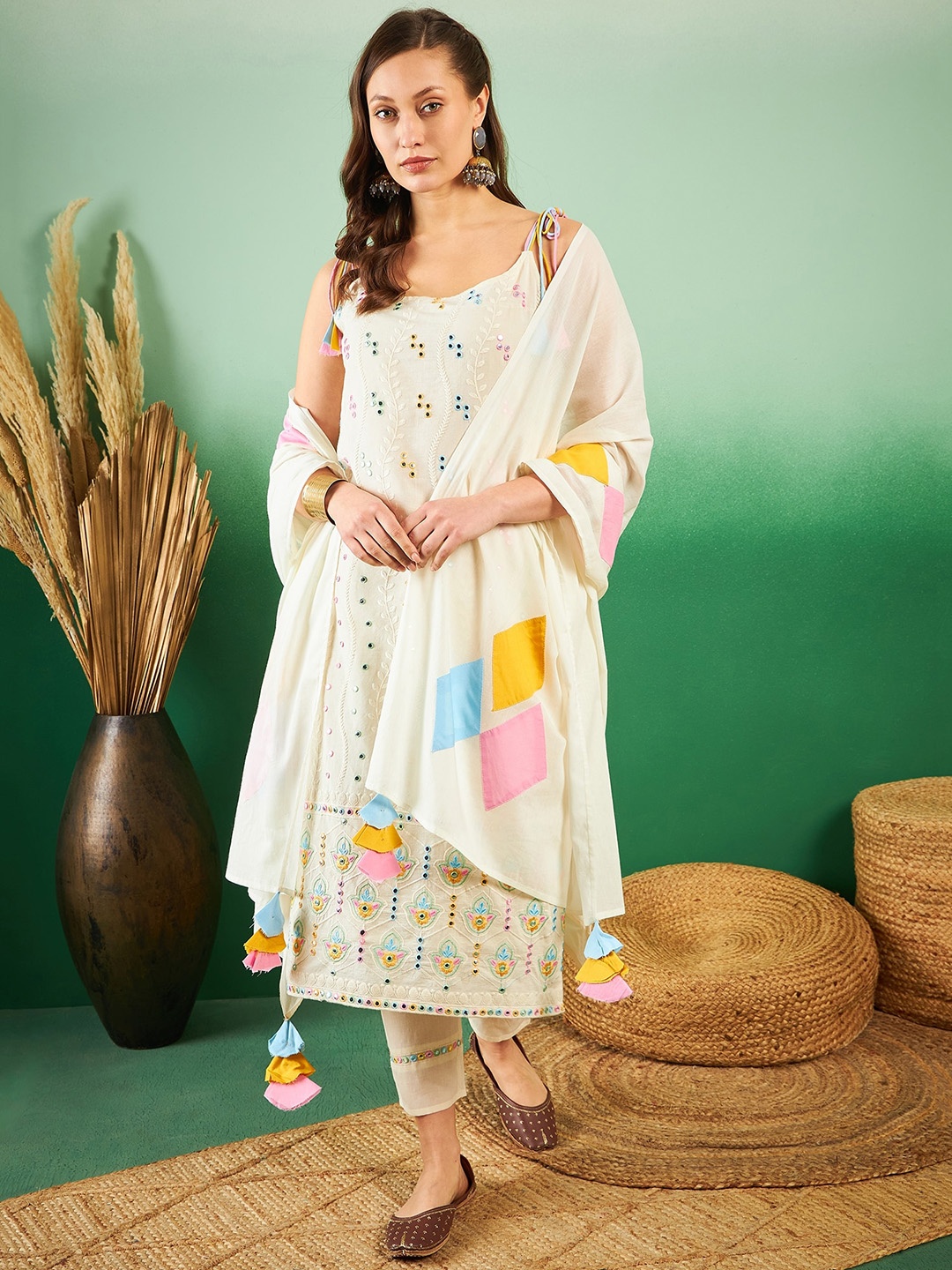 Sangria Embroidered Shoulder Straps Mirror Work Pure Cotton Kurta With Trousers & Dupatta, Off white
Sangria Embroidered Shoulder Straps Mirror Work Pure Cotton Kurta With Trousers & Dupatta, Off white