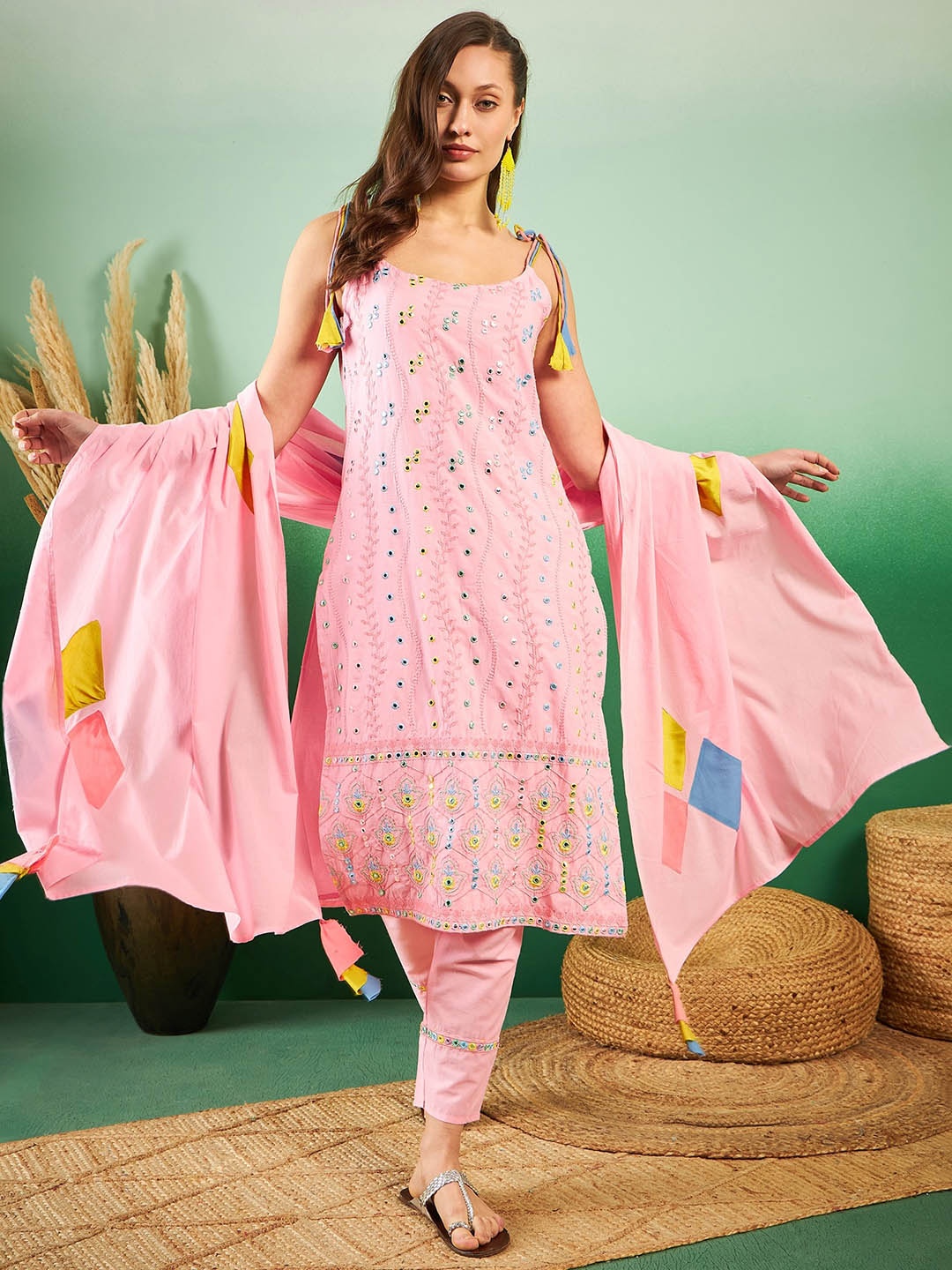 Sangria Embroidered Shoulder Straps Mirror Work Pure Cotton Kurta With Trousers & Dupatta, Pink
Sangria Embroidered Shoulder Straps Mirror Work Pure Cotton Kurta With Trousers & Dupatta, Pink