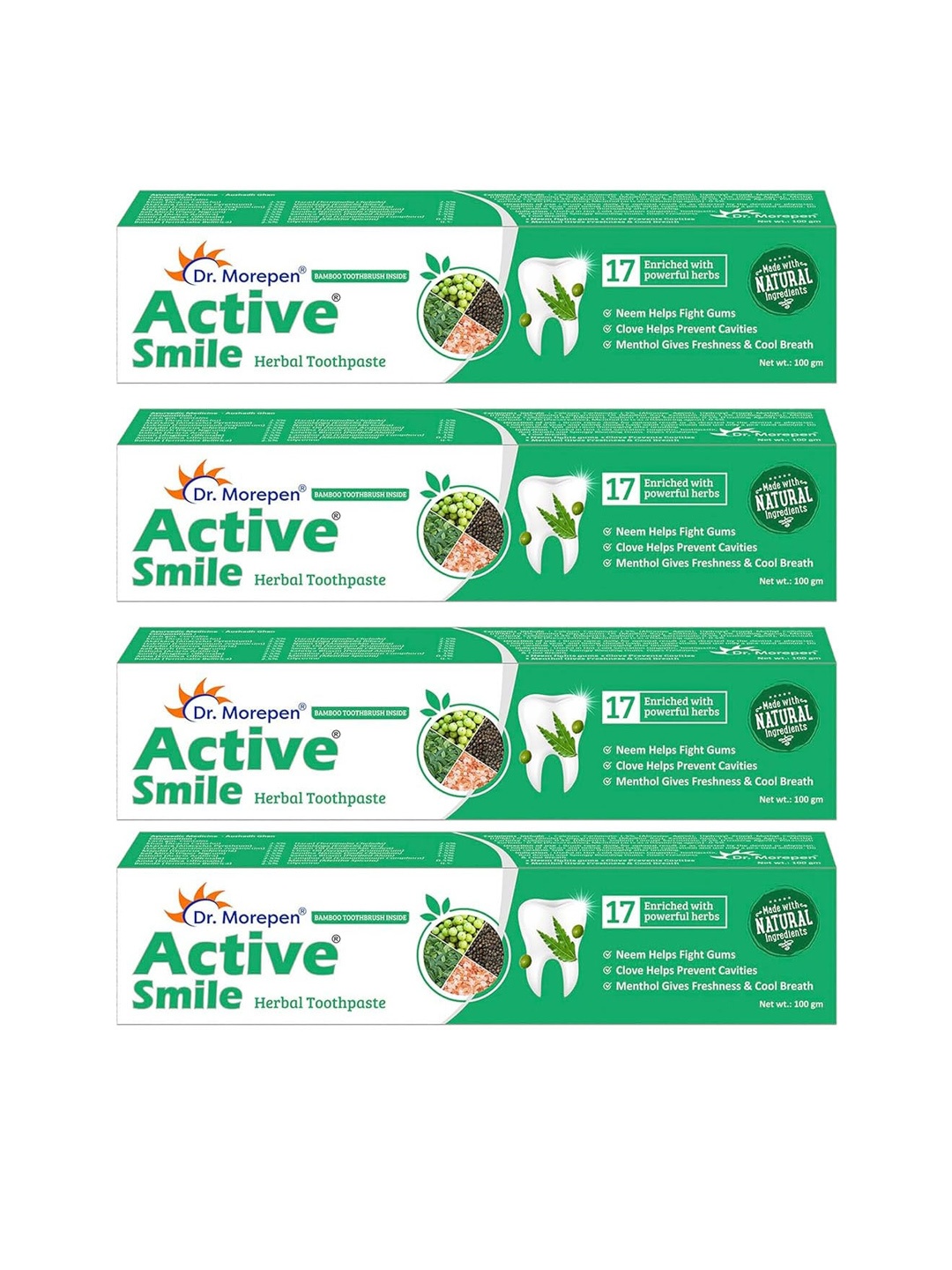 Dr. Morepen Set Of 4 Active Smile Herbal Toothpaste With Neem & Clove - 100g Each, Green
Dr. Morepen Set Of 4 Active Smile Herbal Toothpaste With Neem & Clove - 100g Each, Green