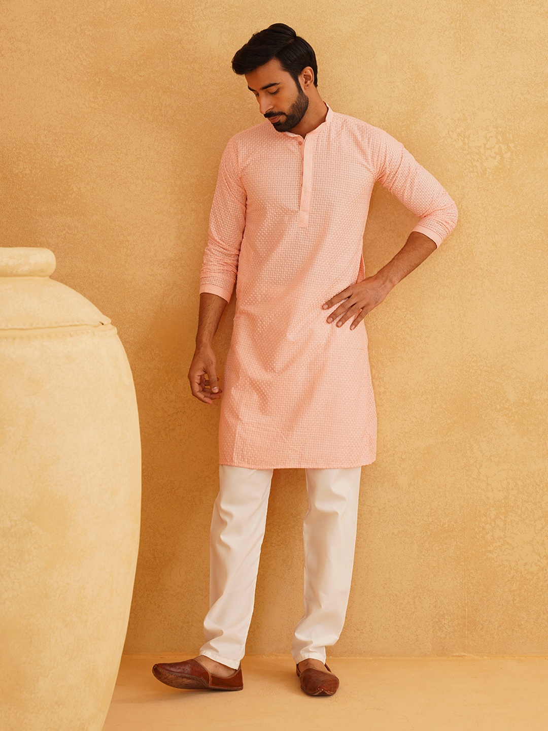 SOJANYA Geometric Embroidered Mandarin Collar Thread Work Pure Cotton Kurta & Churidar, Peach
SOJANYA Geometric Embroidered Mandarin Collar Thread Work Pure Cotton Kurta & Churidar, Peach