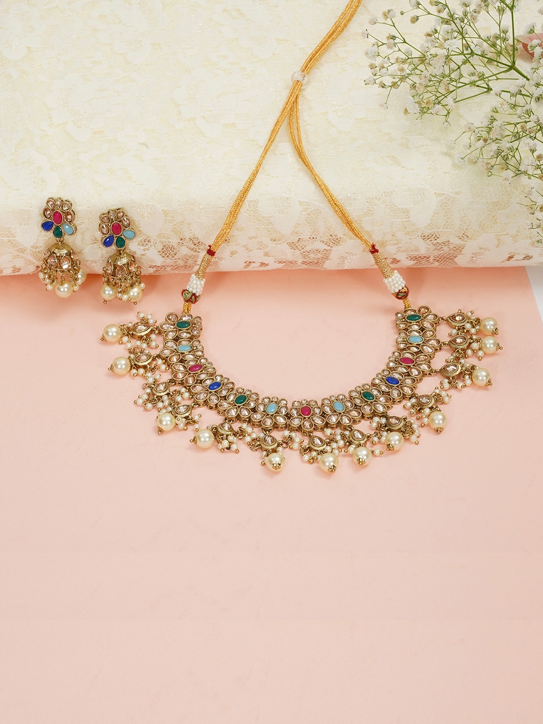 Designbox Stone-Studded & Beaded Jewellery Set, Gold