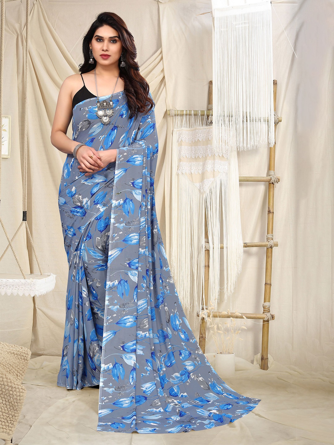 ANAND SAREES Floral Printed Saree, Grey