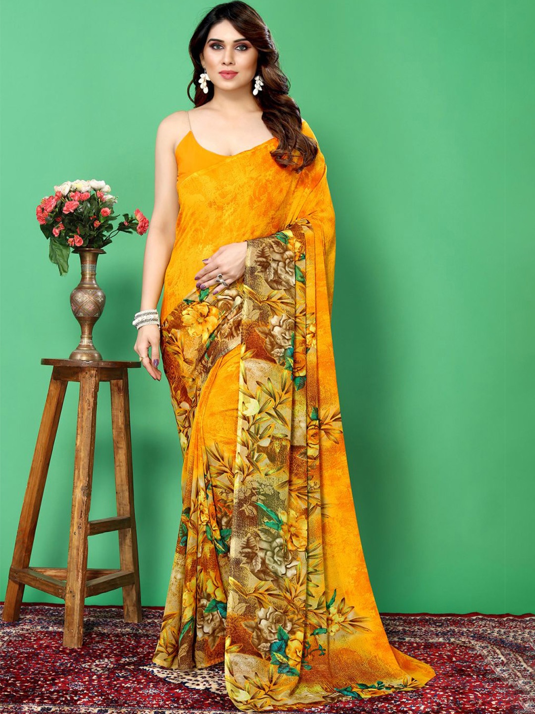 ANAND SAREES Floral Printed Poly Georgette Saree, Yellow