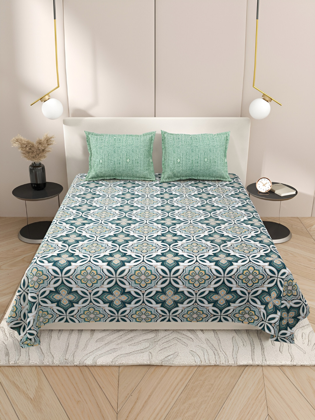 Aura Green & White Ethnic Motifs Printed Cotton 220 TC King Bedsheet With 2 Pillow Covers
Aura Green & White Ethnic Motifs Printed Cotton 220 TC King Bedsheet With 2 Pillow Covers
