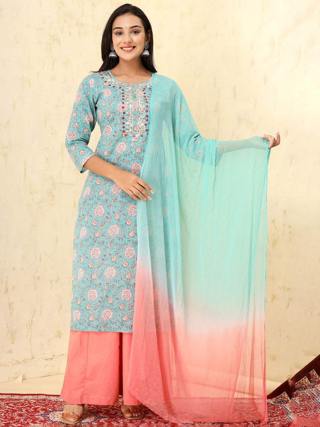 Chandbaali Floral Printed Round Neck Mirror Work Pure Cotton Kurta with Sharara & Dupatta, Turquoise blue
Chandbaali Floral Printed Round Neck Mirror Work Pure Cotton Kurta with Sharara & Dupatta, Turquoise blue