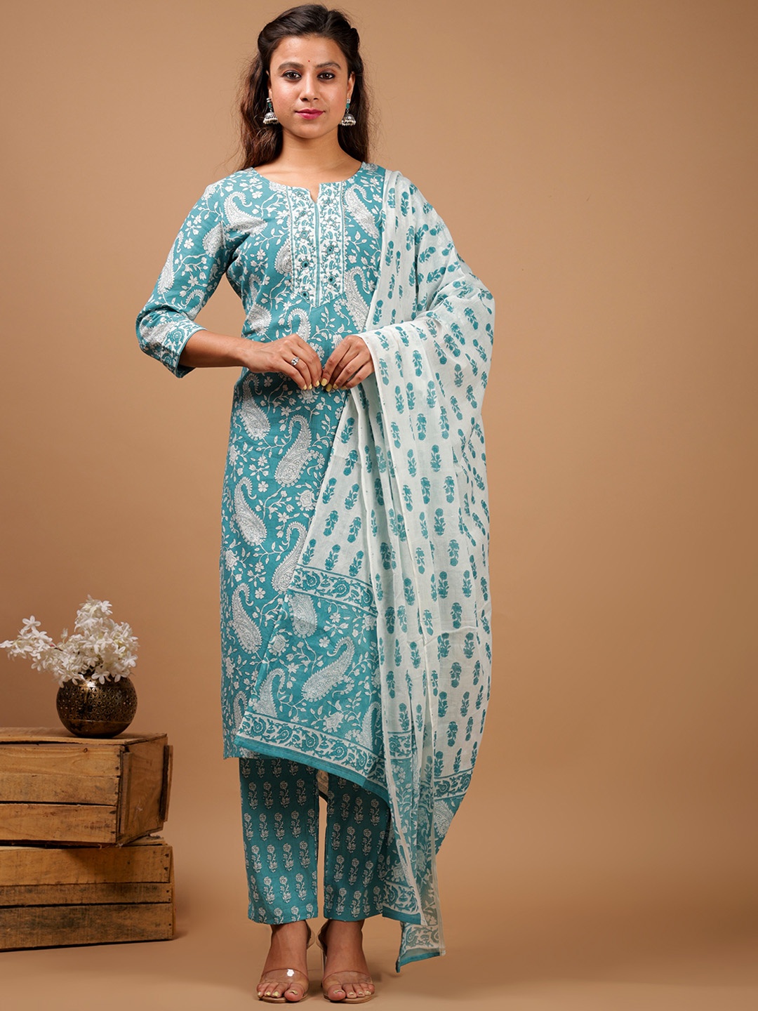 Chandbaali Floral Printed Round Neck Mirror Work Pure Cotton Kurta with Pyjamas & Dupatta, Blue
Chandbaali Floral Printed Round Neck Mirror Work Pure Cotton Kurta with Pyjamas & Dupatta, Blue