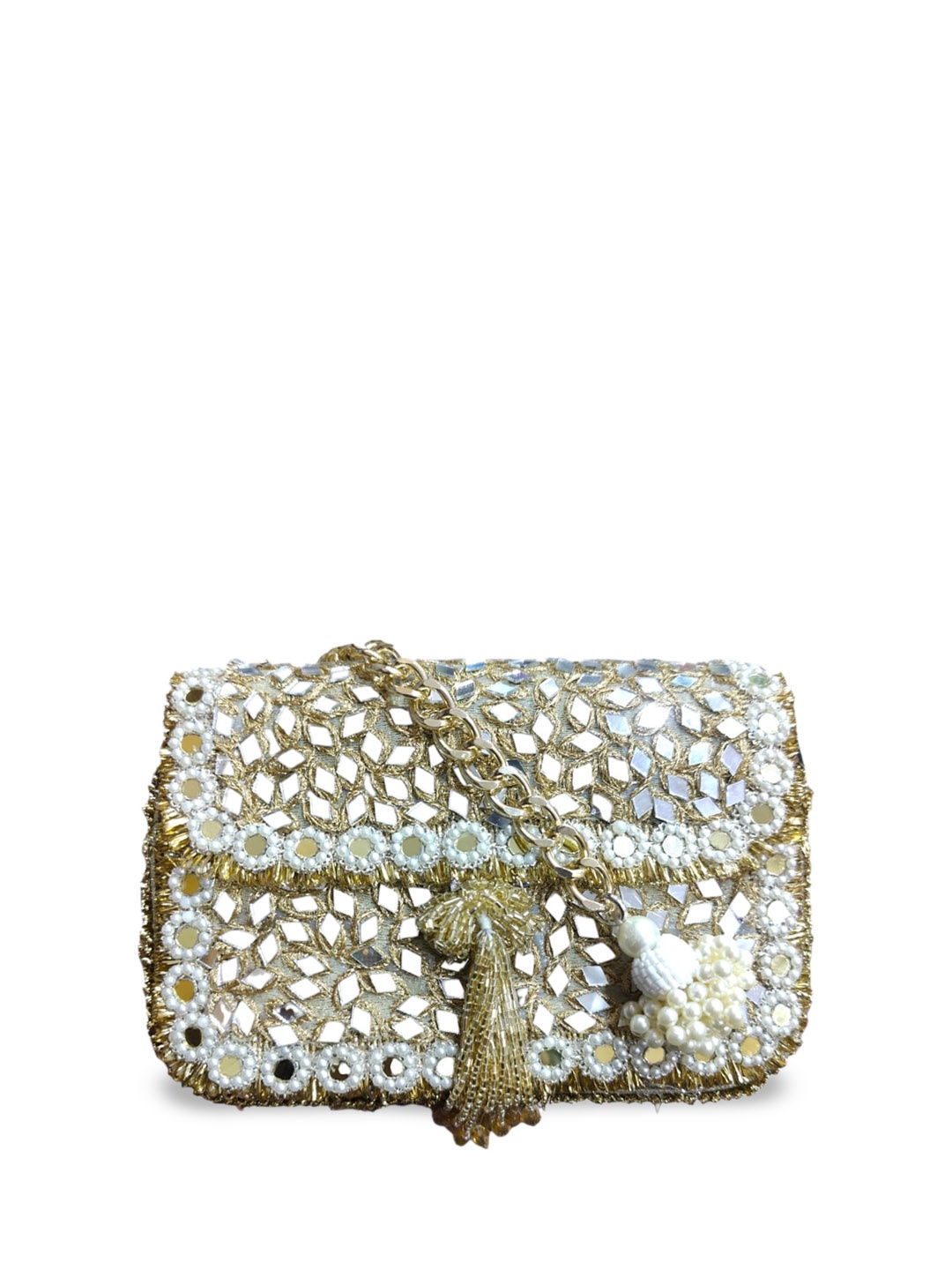 Vdesi Structured Embellished Sling Bag, Gold