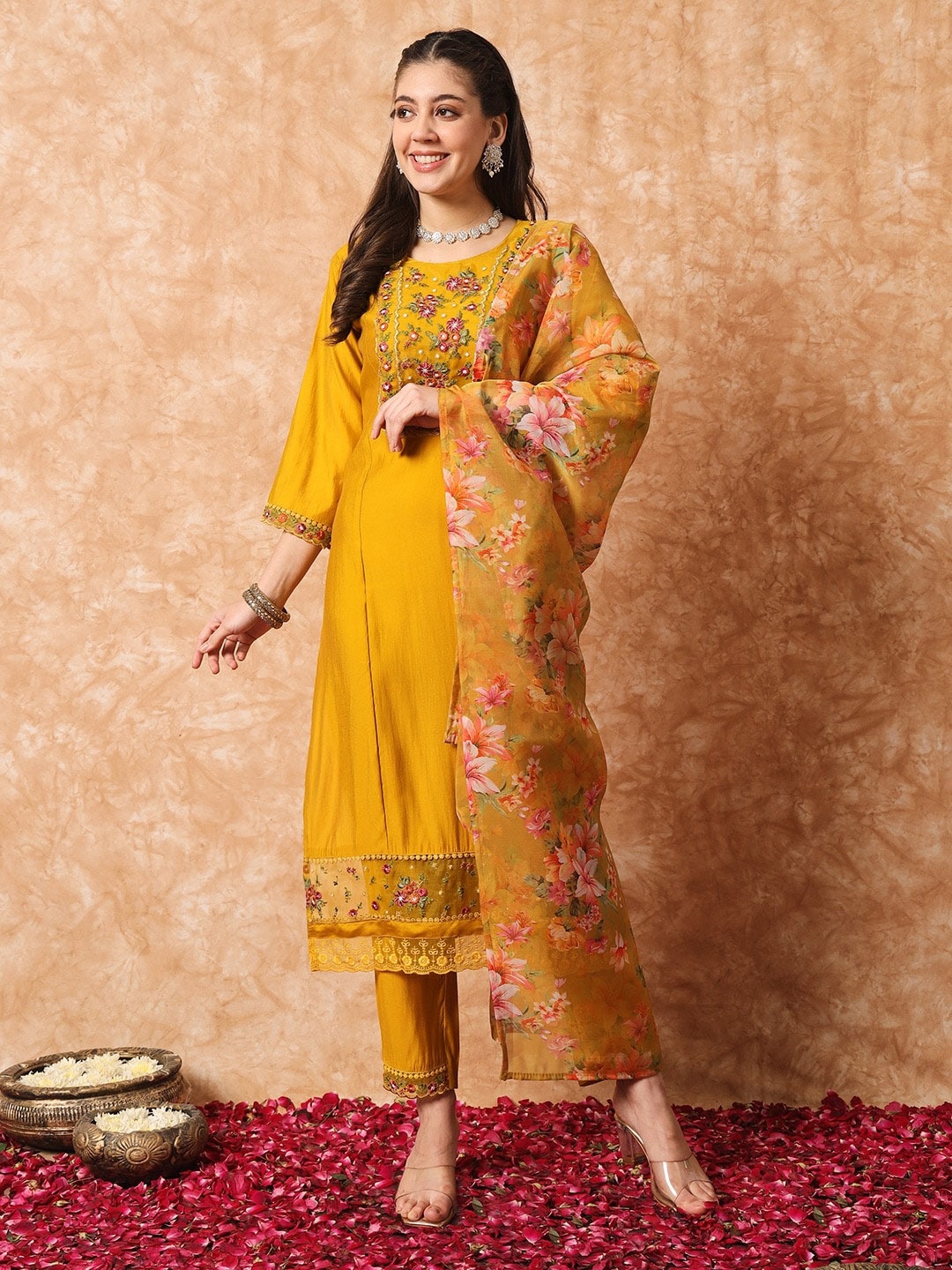 SWAADHI Ethnic Motifs Embroidered Regular Kurta with Trousers & With Dupatta, Mustard
SWAADHI Ethnic Motifs Embroidered Regular Kurta with Trousers & With Dupatta, Mustard