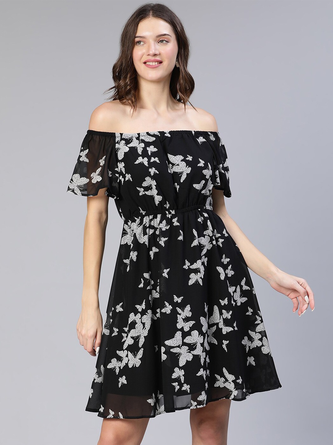 Oxolloxo Floral Printed Off-Shoulder Ruffled Georgette Fit & Flare Dress, Black
Oxolloxo Floral Printed Off-Shoulder Ruffled Georgette Fit & Flare Dress, Black